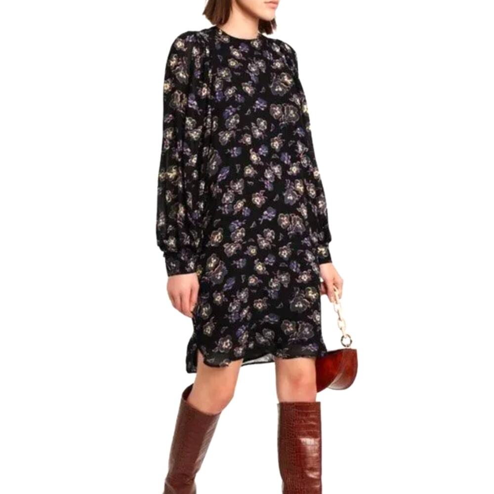 Ganni Mini Dress Floral Black Georgette Wedding Knee Length Long Sleeve EU 38